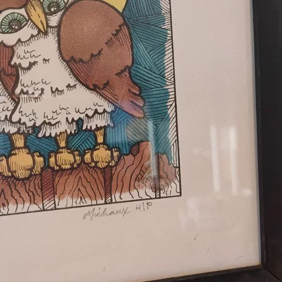 Vtg Set of 2 Whimsical Owl Art Prints Artisan Signed Michaux HIP 1976 - Picture 6 of 10